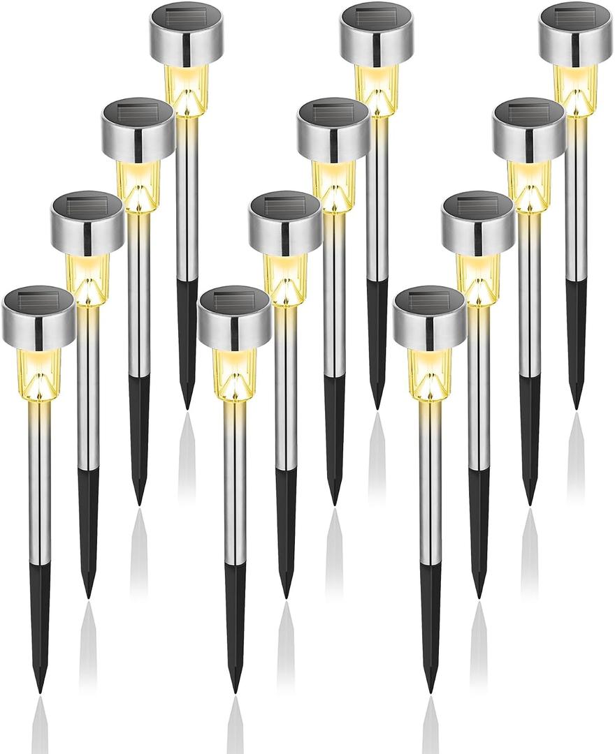 GIGALUMI Solar Lights Outdoor Waterproof, 12 Pack, Stainless Steel LED Solar Garden Lights for Patio, Lawn, Yard and Landscape, Garden Decor Patio Decor,Warm White