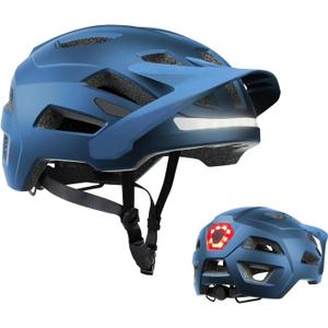 Bike Helmet, Helmets for Adults Men, Front and Back LED Lights Safe Certified MTB Road Bicycle Helmet with Adjustable Brim (L (59-61cm), Metal Blue)