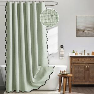 MIULEE 84" Long Scalloped Shower Curtain Linen Textured with 12 Metal Hooks Cute Extra Long Heavy Duty Washable Waterproof Cloth Spring Shower Curtains with Black Border for Bathroom Hotel,Sage Green