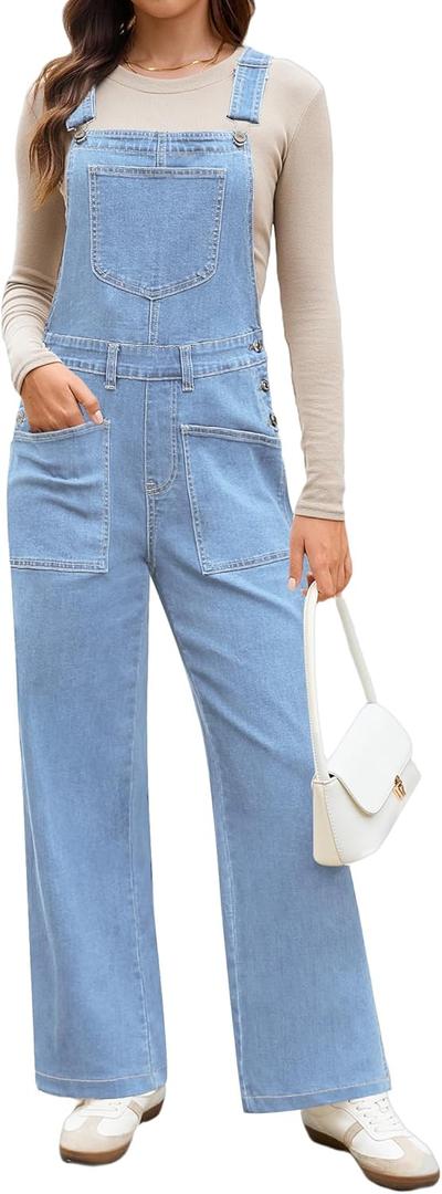 luvamia Jean Overalls for Women Loose Fit Baggy Wide Leg Bib Pocket Adjustable Straps Stretchy Denim Overall Jumpsuits (Medium, Azure Glow)