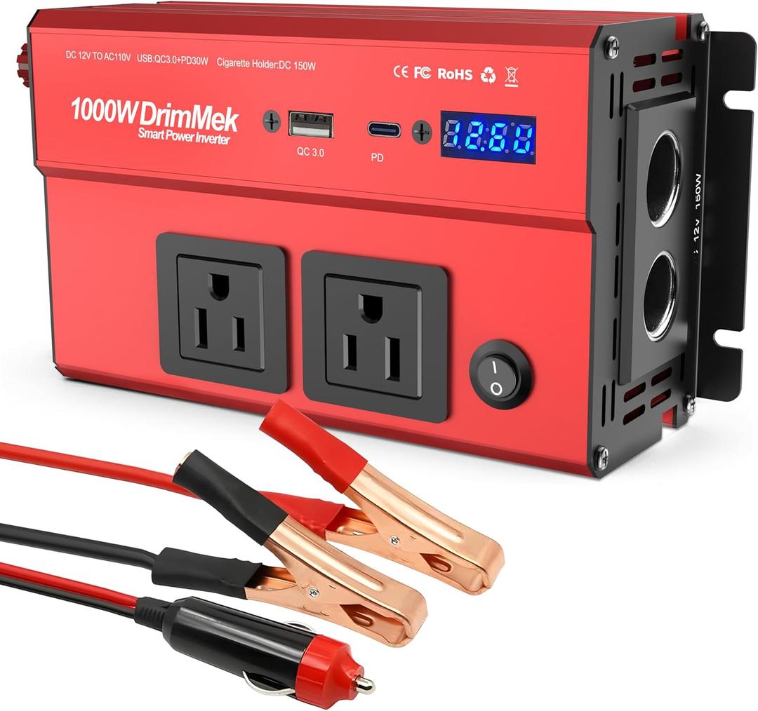 DrimMek 1000 Watt Power Inverters 12v to 110v for Vehicles - with Dual AC Outlets, 1000w Inverter with 3.0A USB and Type-C, 12v Inverter Сar Cigarette Lighter Battery for/Truck/RV/Emergency