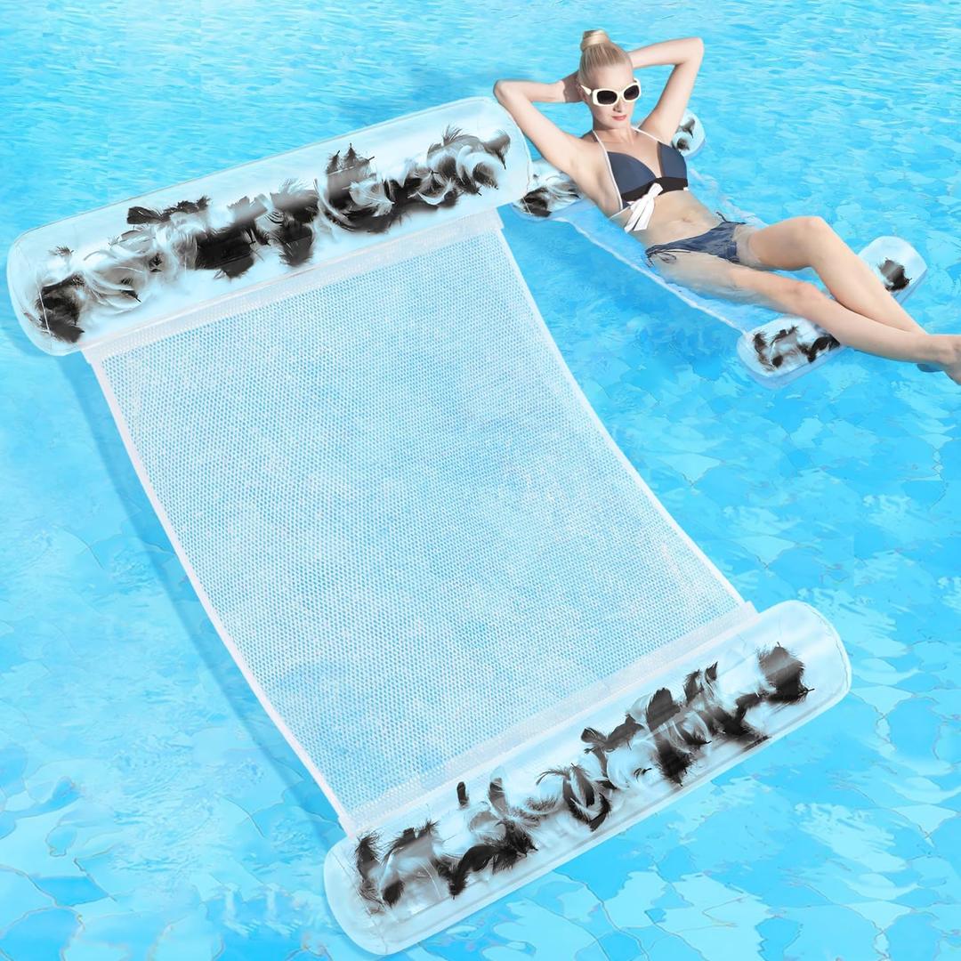 Sratte Pool Float and Water Hammock, Summer Clear Pool Tube with Feather, Multi Purpose Inflatable Water Floaties PVC Material for Adults, Swimming Pool, Lake, Beach, Pool Accessories (Black, White)