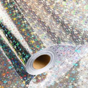 Flyhill Silver Holographic Wrapping Paper Roll, Colorful Shiny Iridescent Star Silver Foil Gift Wrap for Birthday, Disco Party, Wedding, Christmas, Bridal Shower, Father's Day, Graduation - Mini Roll 17inch*32.8ft