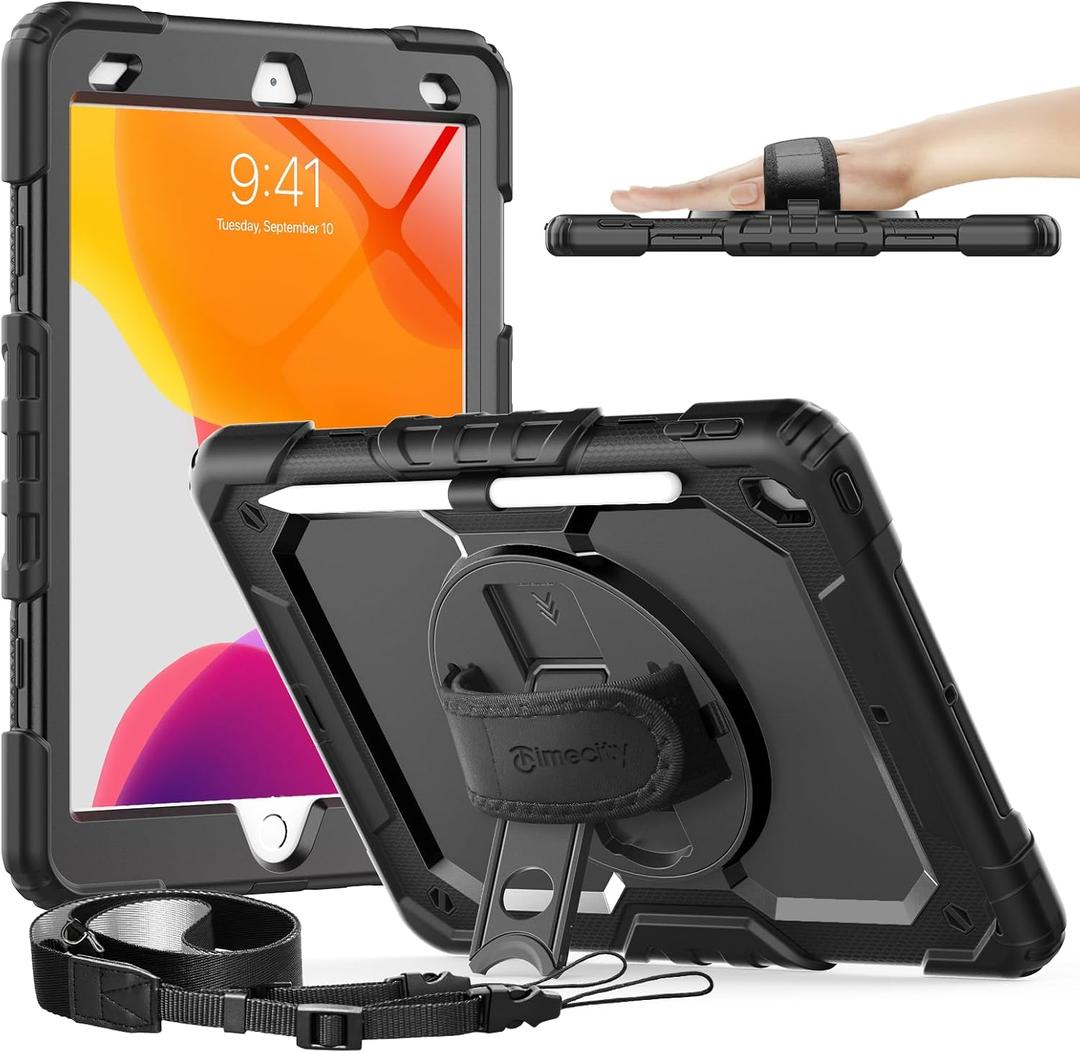 Timecity Case for iPad 9th/ 8th/ 7th Generation 10.2 inch - Heavy Duty Protective Cover with Screen Protector, Rotating Stand, Shoulder Strap & Pencil Holder | Kids-Friendly (Black)