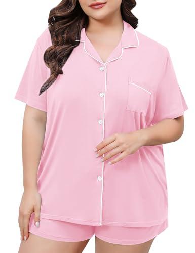 SWOMOG Women's Plus Size Pajamas Set Button Down Tops Short Sleeve Sleepwear Soft Pajama Shorts 2 Pcs Lounge Sets With Pocket Pink 24W