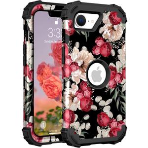 PIXIU Unique Flower Pattern Compatible with iPhone 17e/16e 6.1 inch case,Heavy Duty Dual Layer Shockproof Full-Body Protective Sturdy Hybrid Cute Rugged Case for Women,Girls,Kids Rose