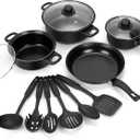 Non-Stick Cookware Set, 13 Piece Set Portable Lightweight Cast Iron Pots and Pans with Glass Lids and Nylon Utensils for Outdoor Camping Picnic Travel Cookware Black