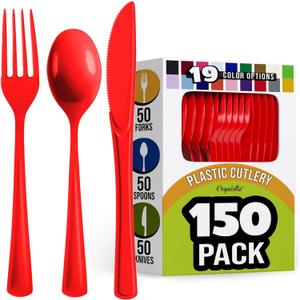 Red Plastic Silverware Heavy Duty 150 Pcs Red Plastic Cutlery Sets, Utensil Sets, 50 Of Each Forks, Knives & Spoons Disposable Cutlery Set, Flatware Set For Party Supplies Party Solids