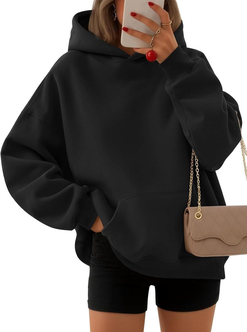 EFAN Women's Oversized Comfort Fleece Hoodies, Cozy Trendy Pullover Sweatshirts with Pockets For Fall & Winter (Black, XS)