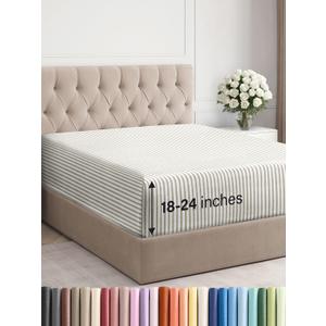 Extra Deep King Fitted Sheet - Hotel Luxury Single Fitted Sheet Only - Easily Fits 18 inch to 24 inch Mattress - Ultra Soft, Wrinkle Free with Extra Deep Pockets - Breathable & Comfy - Beige Stripes