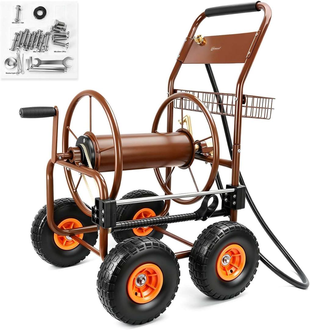 WERMAH Hose Reel Cart with Hose Guide, 4 Wheels Hose Cart, Holds 300ft 5/8"