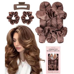 Satin Heatless Hair Curler Curling Rod Set - Soft Jumbo Large Flexi Rods Hair Rollers Curlers to Sleep In for Women, No Heat Heatless Curls Overnight Blowout Rods for Long Hair Volume Blowout Look (1.37" ORIGINAL - Brown)