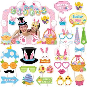 HOWAF Happy Easter Photo Booth Props, 25pcs Easter Photo Props with Easter Photo Frame Easter Egg Bunny Party Decorations for Spring Easter Photography Easter Selfie Props Easter Picture Props