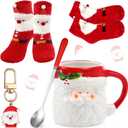Sliner 4 Pcs Santa Mug Gifts Set Include Christmas Coffee Mugs 17 oz with Red Spoons Funny Winter Fuzzy Socks Mini Santa Claus Keychains Hot Chocolate Cup for Women Men Xmas Holiday Birthday Gifts