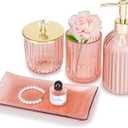 Pink Bathroom Accessories Set, 4Pcs Glass Bathroom Decor Complete with Lotion Soap Dispensers, Toothbrush Holder, Cotton Swab Jars, Vanity Tray, Cute Bathroom Essentials Gift for Girls