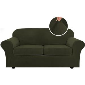 H.VERSAILTEX Real Velvet Plush 3 Piece Stretch Sofa Covers Couch Covers for 2 Cushion Couch Sofa Slipcovers Width Up to 90 Inch Feature Thick Soft Stay in Place (Sofa, Olive)