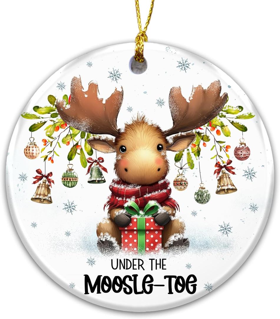 Moose Ornament - Under The Moosle-Toe Christmas Ornament – Cute Moose Ceramic Holiday Decoration with Present & Mistletoe, Moose Lover Gift, Farmhouse Rustic Tree Décor Keepsake 2025