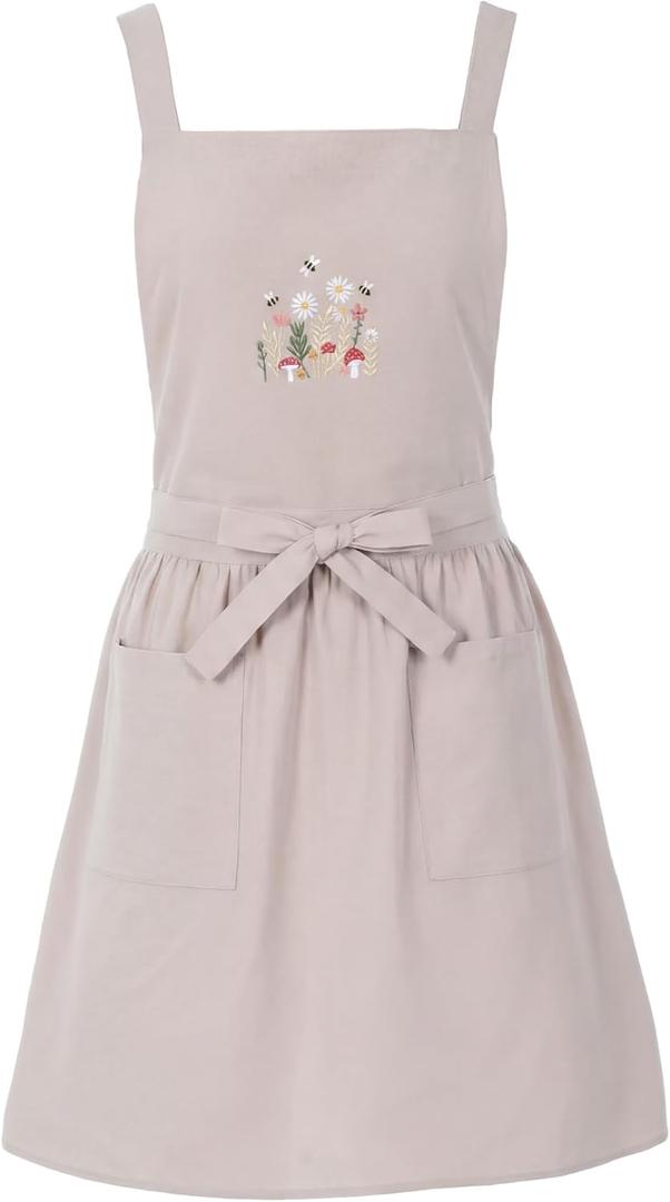 Embroidery Pinafore Apron Dress for Women with Pockets Floral Bee Chef Cotton Apron for Kitchen Cooking Gardening (Beige)