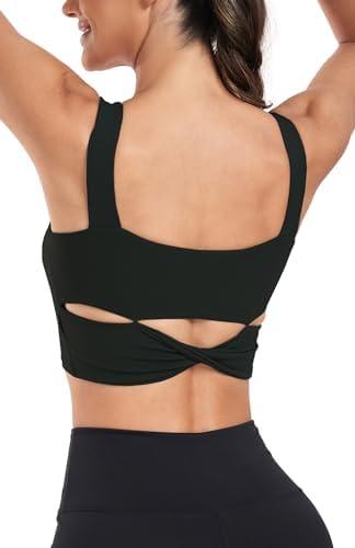 Women's Sports Bra Medium Support Cross Back Square Neck Longline Padded Workout Crop Tank Tops, Large