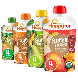 Happy Tot Organics Stage 4 Baby Food Pouches, Gluten Free, Vegan Snack, SuperFoods Fruit & Veggie Puree & Chia Variety Pack, 4.22 Ounce (Pack of 16), BB 08/02/2025