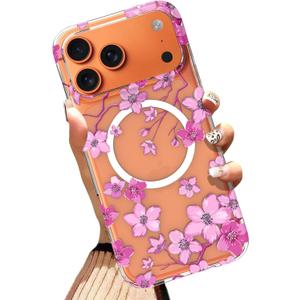 AIGOMARA Phone Case Made for iPhone 17 Pro 6.3 Inch [Compatible with MagSafe] Pink Floral Flowers Design Soft TPU and Hard PC Clear Case Shockproof Anti-Scratch Phone Cover for Women