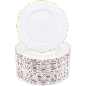 WDF 60pcs Gold Plastic Dinner Plates -10.25 Inch Baroque White and Gold Plates Fancy Plastic Plates for Upscale Bridal Shower & Wedding & Birthday