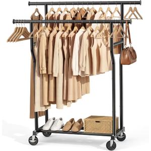 Clothes Rack, Double Rods Rolling Clothing Rack for Hanging Clothes Load 260 LBS Closet Rack with Wheels, Metal Portable Garment Rack for Bedroom Laundry Living Room, Black, 
15.9"D x 42.1"W x 59.1"H