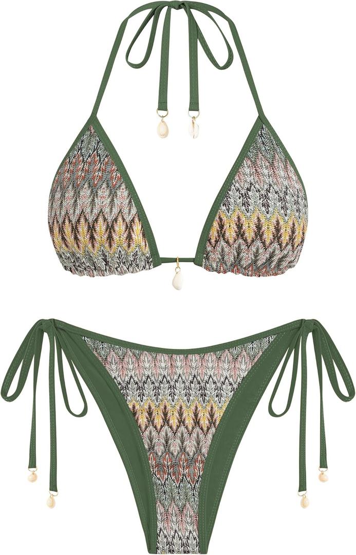 ZAFUL Women's Colorblock Stripes Triangle Halter Tied Cheeky Thong Bikini Set High Cut Two Piece Bathing Suit (Medium, 2-forest Green)