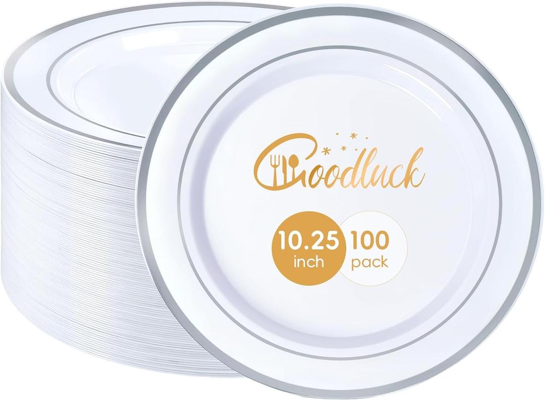 Goodluck 100PCS Silver Plastic Plates, 10.25 Inch Dinner Plate with Silver Rim, Heavy Duty Disposable Plastic Plates for Party, Wedding, Birthday & Daily Use