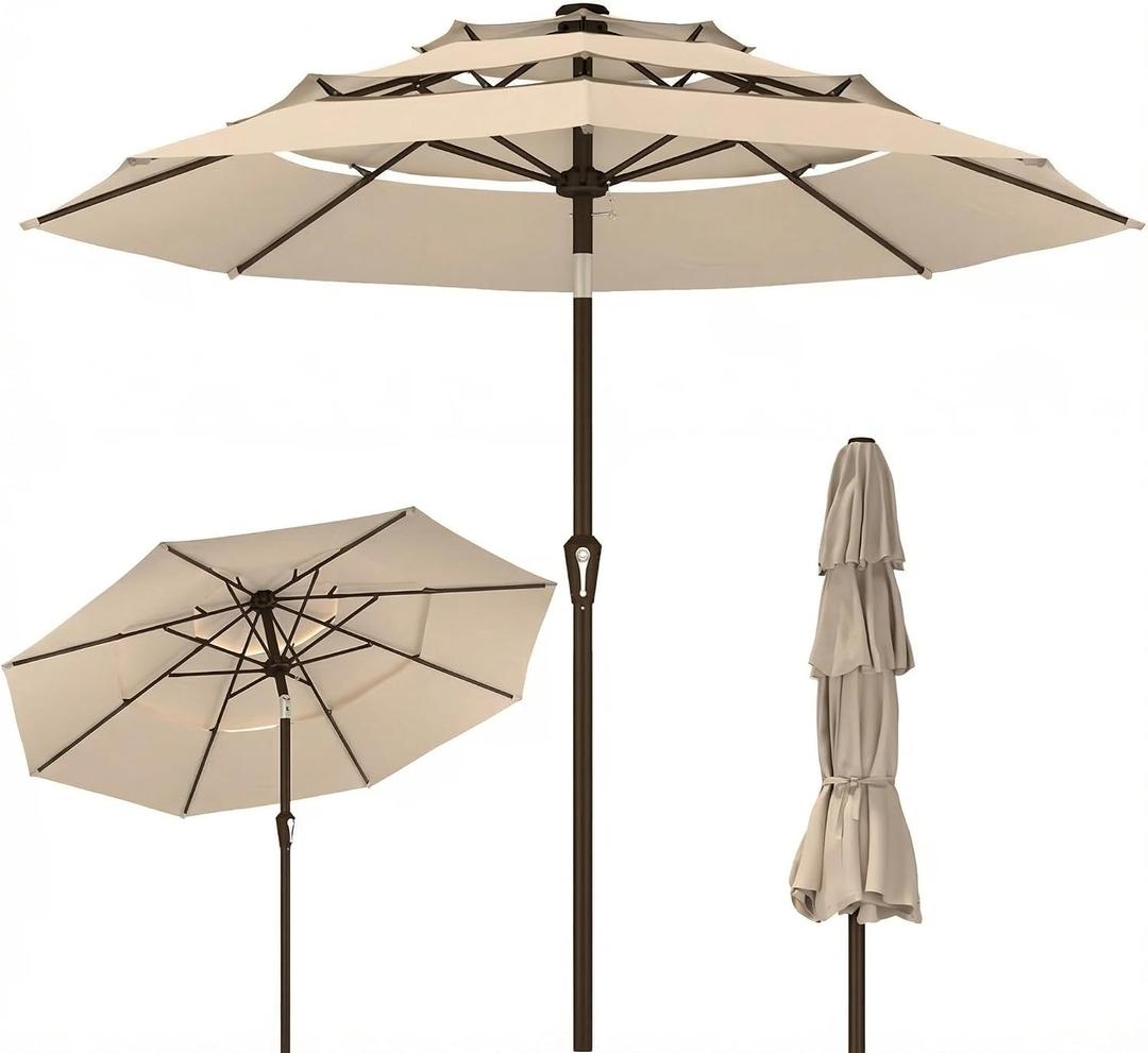 Kingdura 9ft 3-Tier Patio Umbrella, Outdoor Table Umbrella with Easy Crank & Tilt, 8 Reinforced Ribs, UV Protection for Deck, Pool, Market, Backyard (Beige)