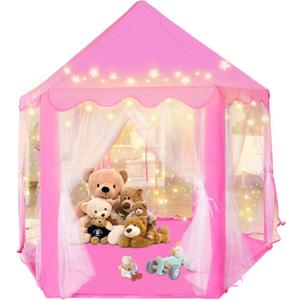 Kid's Play Tent, Ceither Princess Castle Girls Playhouse with Star Lights, 55" x 53" (L x H) Pink Princess Tent Indoor Outdoor for Imagination Interactive Play