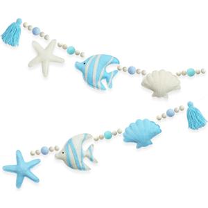 Under The Sea Decorations Pre-Strung Handmade Felt Blue Beige Ocean Fish Starfish Shell Banner Blue Aqua Wool Felt Ball Wooden Beads Tassel Garland for Ocean Beach Shell Mantle Fireplace Home Decor, 4.25.3 inches , 5.25.5 inches