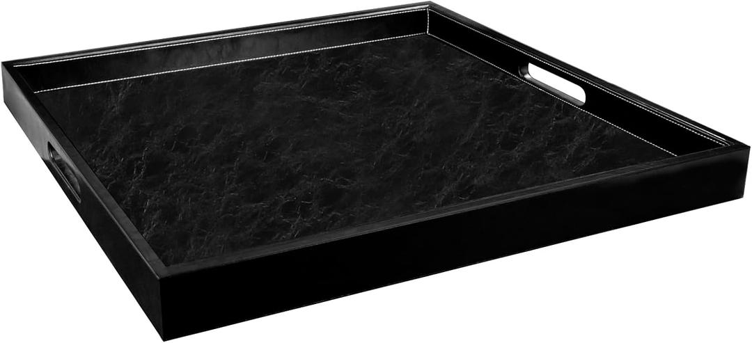 35 * 35 inches Leather Rectangle Serving Tray with Hole Handles,High-End Light Large Service Tray for Ottoman Tray, Tea, Food, Butler - Countertop, Kitchen,Family Dinner, Picnic (Black)