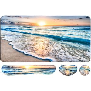 4-in-1 Large Gaming Mouse Pad, Keyboard Wrist Rest Pad & Wrist Support Mousepad Set, Extended Desk Pad Waterproof Desk Mat for Home Office Study Game-Beach