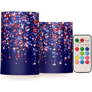 Set of 2 4th of July Red Blue Stars Flameless Candles Remote Timers Independence American Patriotic Pillar Candles for Bedroom Bathroom Outdoor Party Garden Ambient Lighting Decoration