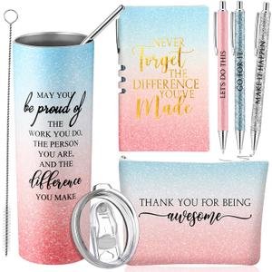 Domensi 6 Pcs Employee Appreciation Gift for Women Teacher Cna Week Thank You Gift May You Be Proud 20 oz Rustic Marble Sign Tumbler Makeup Bag Journal for Graduation Work Business(Blue and Pink)