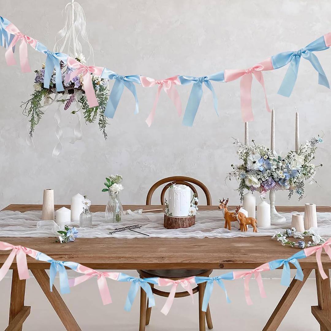 Gender Reveal Bow Knot Garland |6ft Gender Reveal Party Decor with 3ft Extend Ribbon Pre-Assembled Satin Ribbon Banners with Baby Pink/Blue Bows Baby Shower No DIY Needed (Pink & Blue, 6ft)