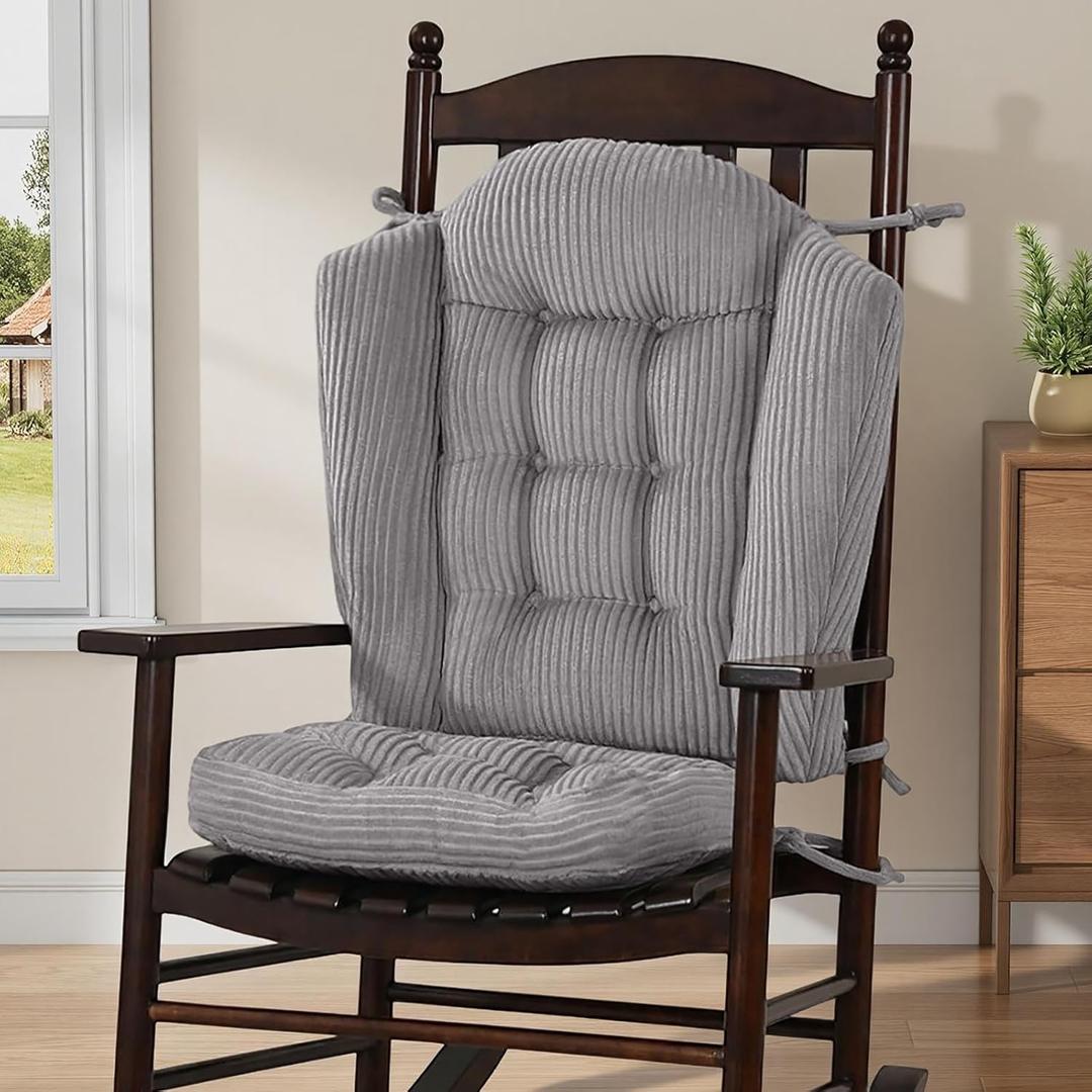 idee-home Wingback Rocking Chair Cushions Indoor, Glider Rocker Replacement Cushions with Removable Corduroy Cover, Wooden Adirondack Chair Pad Non-Slip Bottom Tufted Seat Pads with Ties, Grey (22.2 x 26.7 x 3 in & 17 x 17 x 4 in, Black)