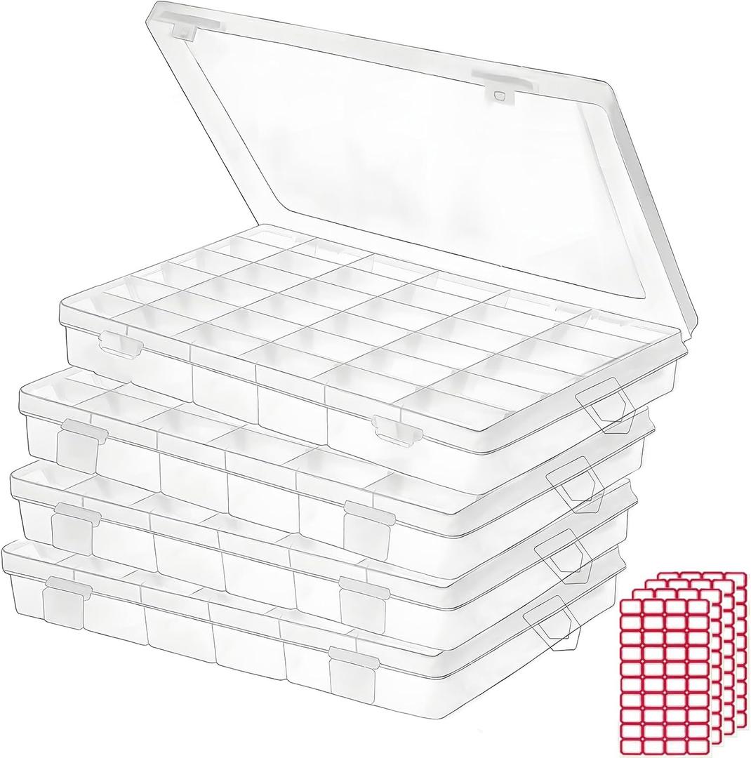 Budreu 4pack 36 Grids Plastic Clear Organizer Box Bead Storage Containers with Adjustable Dividers for Craft Jewelry Fishing Tackles Parts Storage with 4 Sheets Label Stickers
