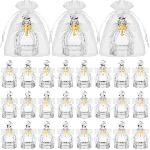 Newtay Holy Water Bottles Catholic Bulk Glass Baptism Favors for Guests Christian Water Container with Cross Organza Bags Bow for Holy Communion Gifts Church Wedding Baptism (24, Pure White)