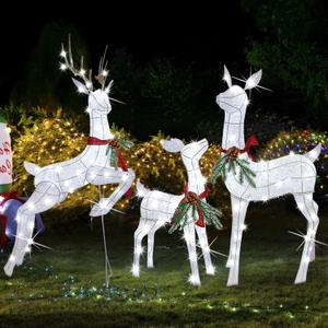 Lulu Home Christmas Yard Decoration, 3-Piece Large Pre-lit White Reindeer with 255 LEDs White Lights, 56" H 3D Light Up Glittered Standing Reindeer Family for Lighted Holiday Display Indoor Outdoor