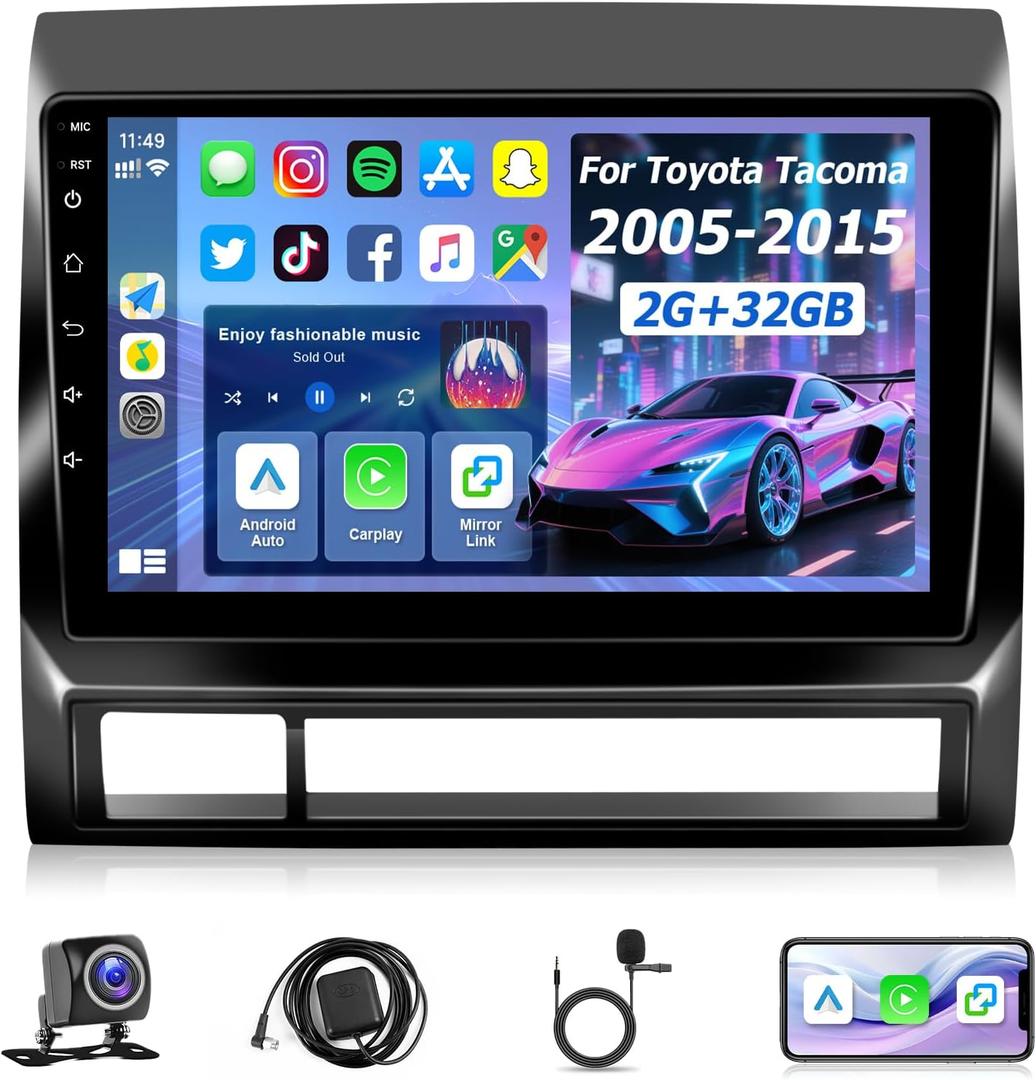 Car Radio Stereo for Toyota Tacoma 2005-2015, 9" IPS Touch Screen for Tacoma Android Radio with Wireless CarPlay, Android Auto, GPS, Bluetooth, WiFi, SWC, FM, Hi-Fi, Backup Camera - 2+32GB