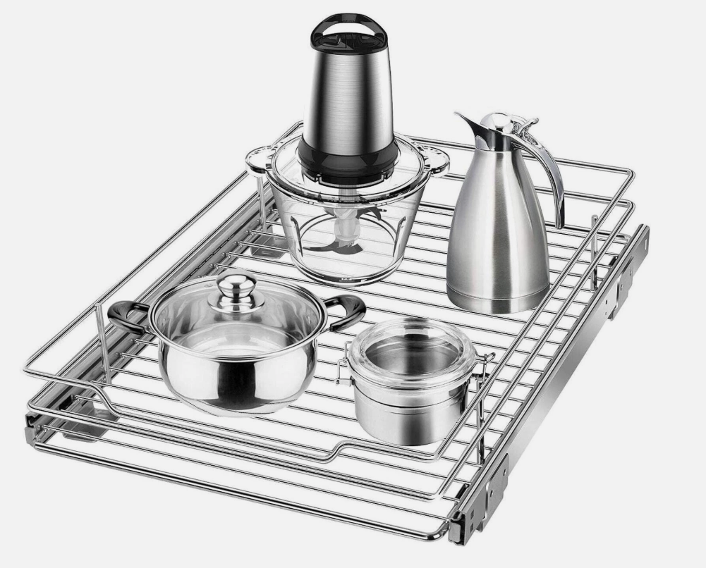 Expandable Pull Out Cabinet Organizer, Adjustable Width 12"-19" & Depth 16.5"-22", 4-Side Extension, 5 Slide Rails for Heavy Duty Use, Adhesive Roll Out Shelves for Kitchen Cabinets, 1PCS