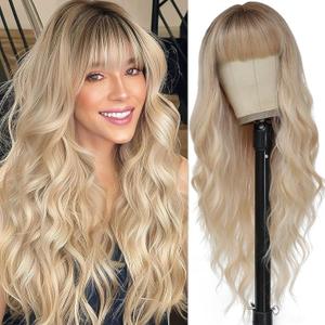 Blonde Wig with Bangs for Women Long Blonde Wavy Wigs 26 Inch Blonde Wigs Natural Looking Heat Resistant Synthetic Wig for Daily Party Use