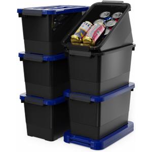 WYT 7 Quart Storage Bins with Lids and Latch, 6-Pack Stackable Plastic Organizing Box with Buckle and Handle, Durable Nestable Totes Containers (Black/Blue)