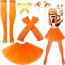 Orange Tutu Costume Accessories, Tulle Tutu Skirt Ponytail Headband Eyebrow Glasses Fake Mustache Gloves Sock for Women Halloween Cosplay, One Size
