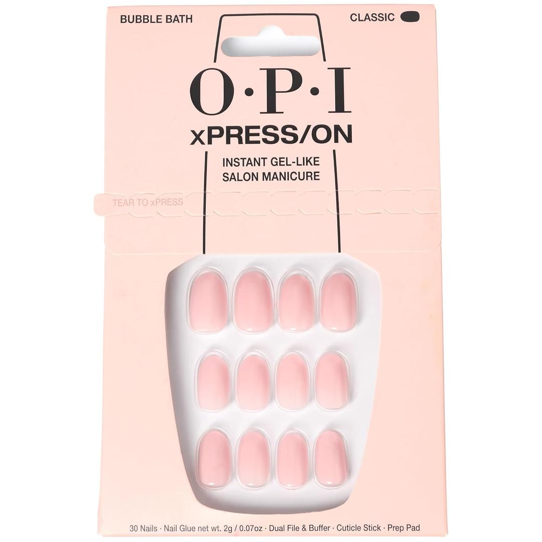 OPI xPRESS/ON Press on Nails | Short Round Classic, Long Almond & Coffin Shape Press-On Professional Nail Art Kit (Bubble Bath | Soft Nude Pink)