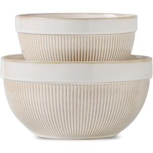 Ceramic Large Glazed White Stripe Mixing Bowls for Kitchen, Set of 2 Big Serving Bowls for Cooking, Popcorn, Salad, Soup, Baking, Dough Bread Making Bowl, 10 Inch + 8 Inch