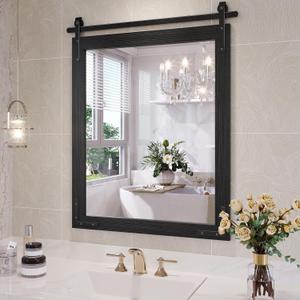 Farmhouse Bathroom Mirror, 24x30 Inch Black Vanity Mirror for Wall, Wood Framed Rustic Mirror Rectangular Wall Decor Mirrors for Entryway Living Room Bedroom