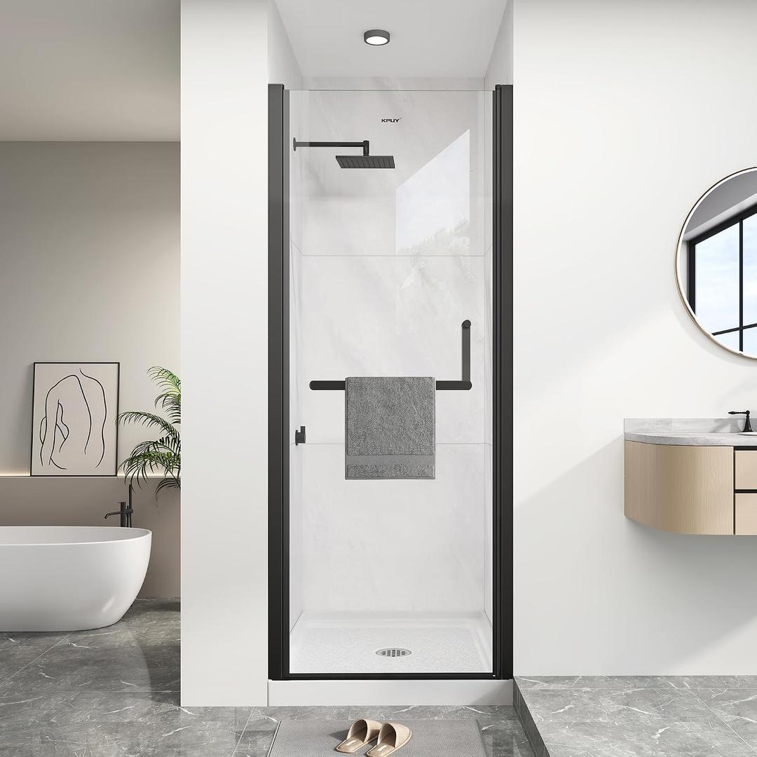 KPUY Frameless Pivot Shower Door 26-28" W x 72" H, Matte Black